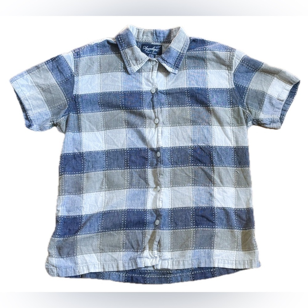 Women’s Angelique Made In Heaven Plaid Shirt Sz. Medium Blue Beige White Grunge